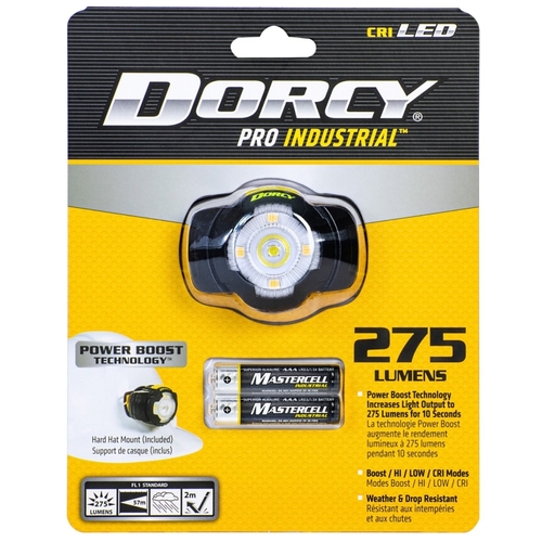 Dorcy 41-2020 Pro Headlamp, AAA Battery, Alkaline Battery, 275 Lumens, 57 m Beam Distance, 7 hr Run Time, Black