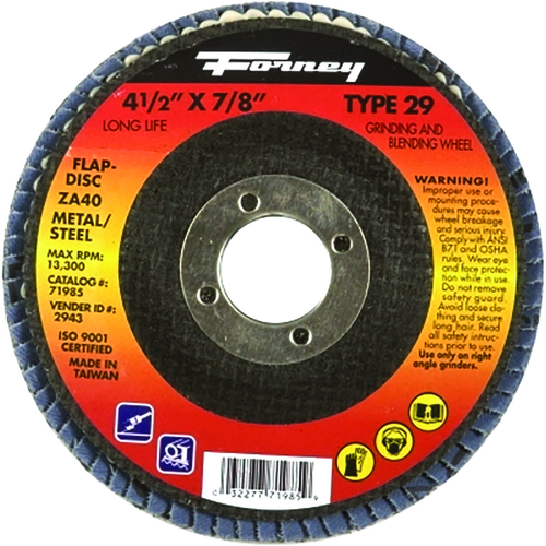 Flap Disc, 4-1/2 in Dia, 7/8 in Arbor, 36 Grit, Medium, Zirconia Aluminum Abrasive Blue