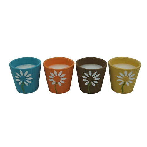 Seasonal Trends Y252 Ceramic Flower Citronella Candle, Round, Yellow, Orange, Blue and Brown, Citronella