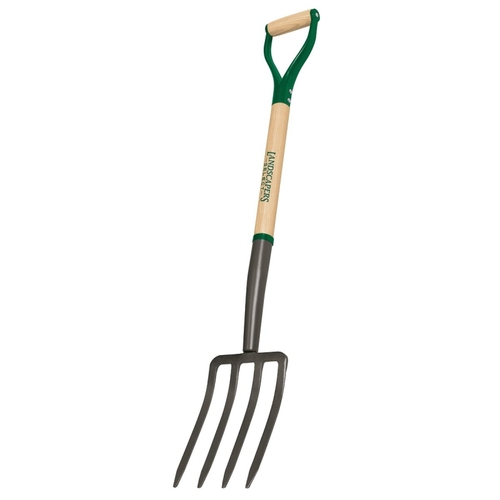 Garden Spading Fork, Steel Tine, 4 -Tine, Steel Tine, Gray, Wood Handle, 30 in L Handle