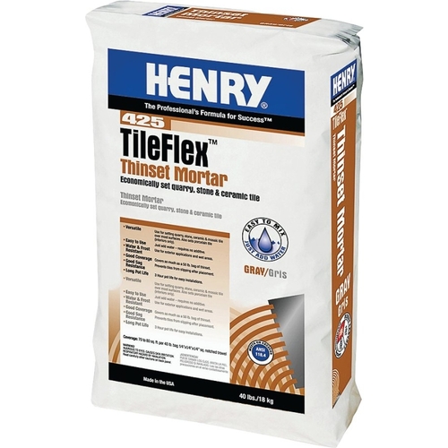 HENRY 12260 425 TileFlex Series Thin-Set Mortar, Gray, Fine Solid Powder, 40 lb Bag