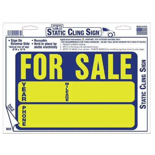 Static Cling Neon Sign, FOR SALE, Yellow Legend, Blue Background, Vinyl, 8 in H x 12 in W Dimensions - pack of 10