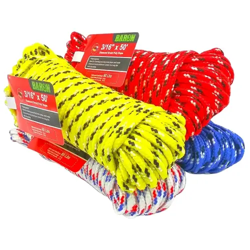 Rope, 3/16 in Dia, 50 ft L, 244 lb Working Load, Polypropylene, Assorted