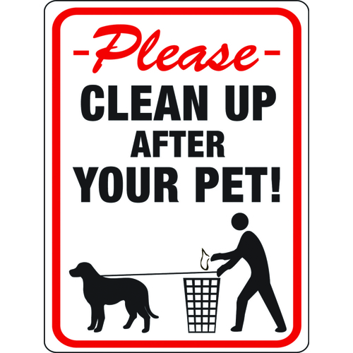 Identification Sign, Rectangular, CLEANUP AFTER YOUR PET!, Black/Red Legend, White Background, Plastic - pack of 10