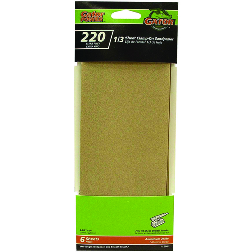 GATOR 5040 Sanding Sheet, 3-2/3 in W, 9 in L, 220 Grit, Extra Fine, Aluminum Oxide Abrasive, Paper Backing - pack of 6