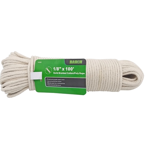 Baron 14200 Rope, 1/8 in Dia, 100 ft L, 18 lb Working Load, Cotton, White