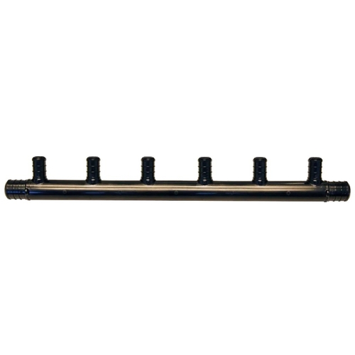 Manifold, 1.76 in OAL, 3/4 in Inlet, 6-Outlet, 1/2 in Outlet, Polyalloy, Black