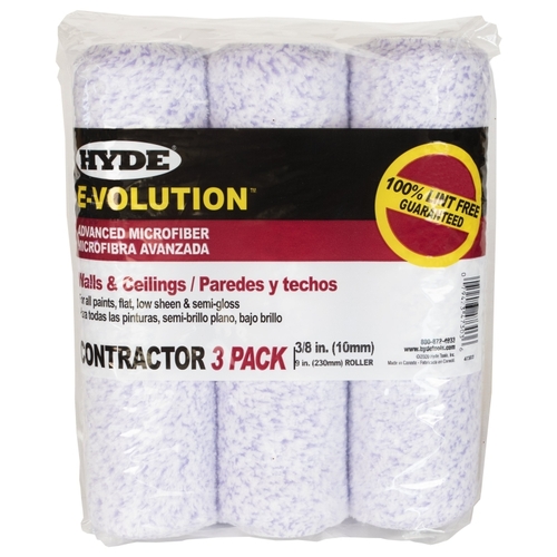 E-volution Roller Cover, 3/8 in Thick Nap, 9 in L, Microfiber Cover - pack of 3