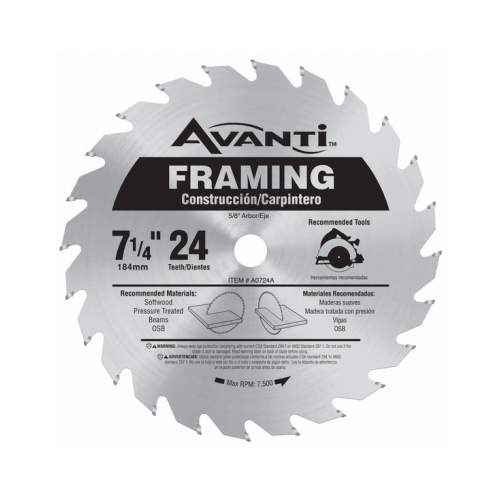 Circular Saw Blade, 7-1/4 in Dia, 5/8 in Arbor, 24-Teeth, Carbide Cutting Edge