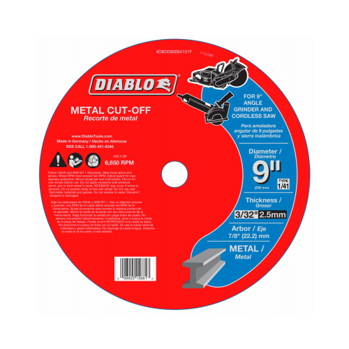 Diablo DBD090094101F Cut-Off Disc, 9 in Dia, 3/32 in Thick, 7/8 in Arbor, Aluminum Oxide Abrasive