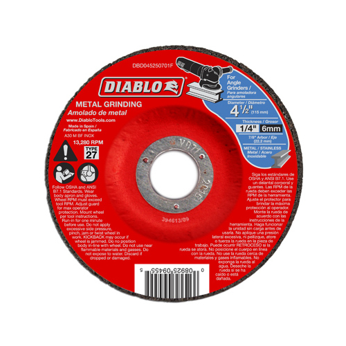 Grinding Wheel, 4-1/2 in Dia, 1/4 in Thick, 7/8 in Arbor, Aluminum Oxide Abrasive