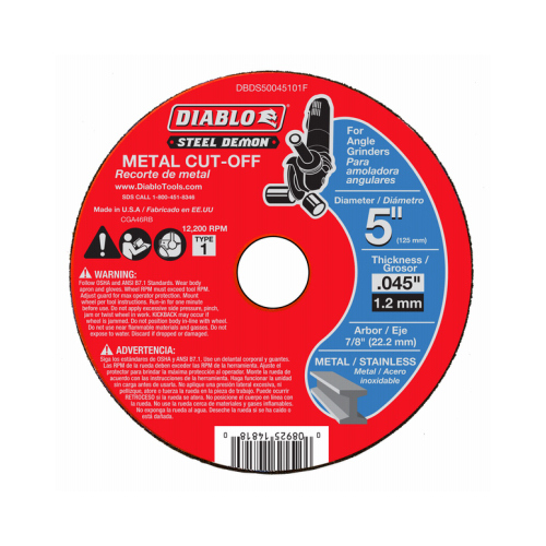 Steel Demon Cut-Off Disc, 5 in Dia, 0.045 in Thick, 7/8 in Arbor, Ceramic Abrasive