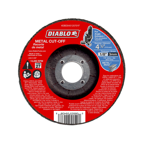 Cut-Off Wheel, 4-1/2 in Dia, 1/8 in Thick, 7/8 in Arbor, Aluminum Oxide Abrasive