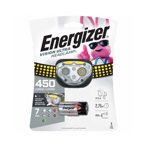 Energizer HDE32E Headlight, AAA Battery, LED Lamp, 400 Lumens, 80 m Beam Distance, 2 hr Run Time, Gray