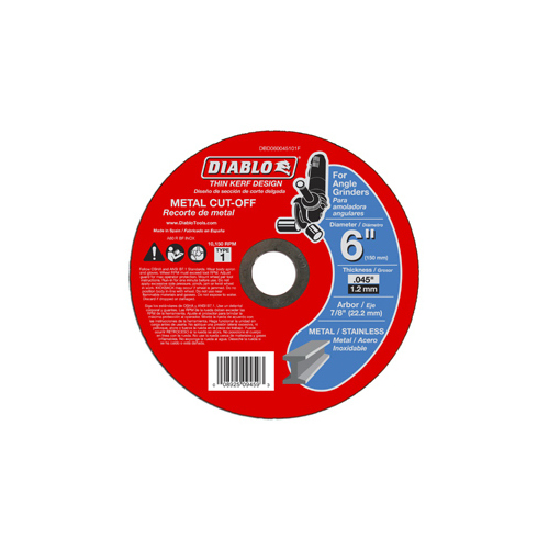 Diablo DBD060045101F Cut-Off Wheel, 6 in Dia, 0.04 in Thick, 7/8 in Arbor, Aluminum Oxide Abrasive