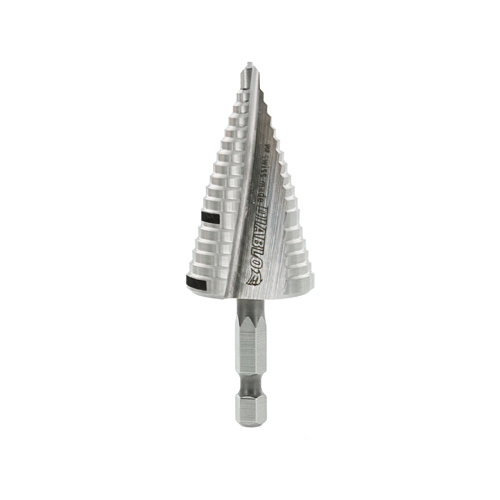 Step Drill Bit, 7/8 to 1-1/8 in Dia, 3-1/32 in OAL, Dual Flute, 1/4 in Dia Shank, Hex Shank - pack of 10