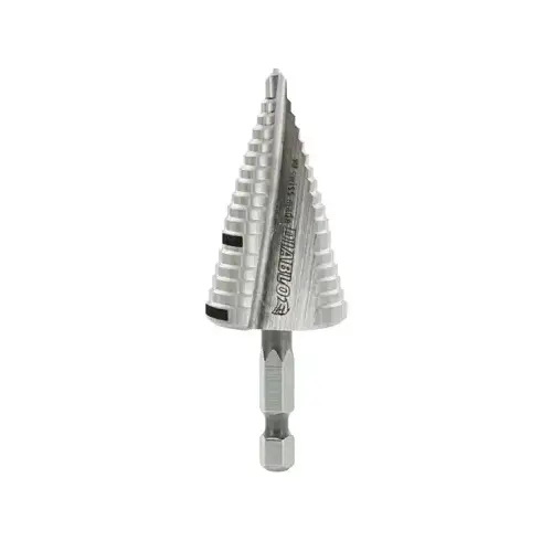 Step Drill Bit, 7/8 to 1-1/8 in Dia, 3-1/32 in OAL, Dual Flute, 1/4 in Dia Shank, Hex Shank