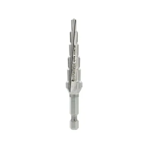 Step Drill Bit, 1/4 to 1/2 in Dia, 3-3/8 in OAL, Dual Flute, 1/4 in Dia Shank, Hex Shank