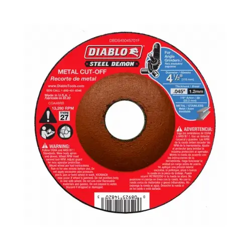 Steel Demon Cut-Off Disc, 4-1/2 in Dia, 0.045 in Thick, 7/8 in Arbor, Ceramic Abrasive