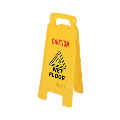 FG611277 YEL Floor Sign, 11 in W, Yellow Background, Caution Wet Floor, English, French, Spanish