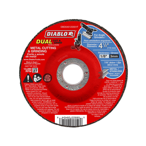 Cut and Grind Wheel, 4-1/2 in Dia, 1/8 in Thick, 7/8 in Arbor, Aluminum Oxide Abrasive