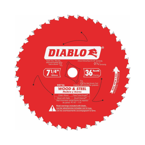 Circular Saw Blade, 7-1/4 in Dia, 5/8 in Arbor, 36-Teeth, Carbide Cutting Edge