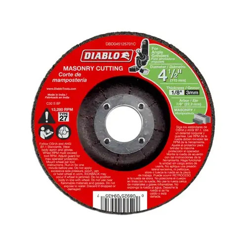 Cut-Off Wheel, 4-1/2 in Dia, 1/8 in Thick, 7/8 in Arbor, Aluminum Oxide Abrasive