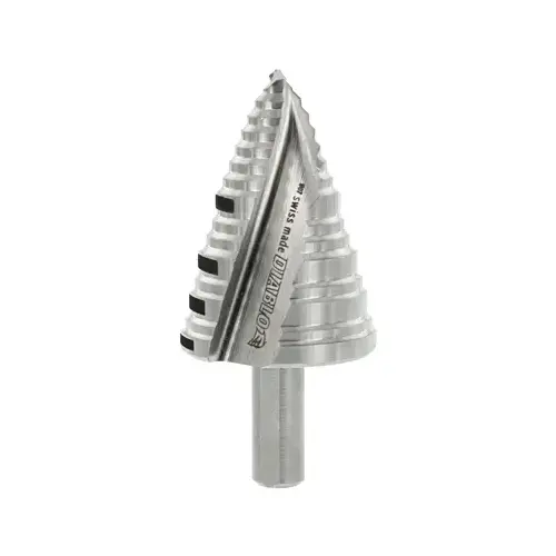 Step Drill Bit, 7/8 to 1-3/8 in Dia, 2-29/32 in OAL, Dual Flute, 3/8 in Dia Shank, Hex Shank