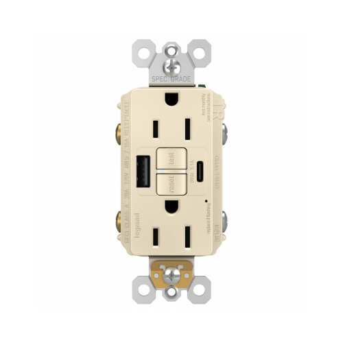 Radiant 15A Tamper-Resistant Self-Test GFCI USB Type-A/C Outlet, Light Almond