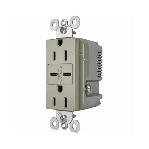 PASS & SEYMOUR R26USBCC6NICCV4 Duplex Outlet + USB Charger, Type C, Nickel, 6.0A, 15-Amp