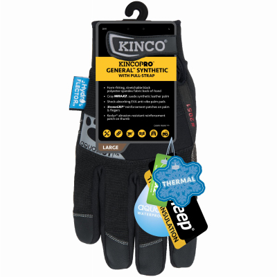 KINCO INTERNATIONAL 2051-L Hydroflector Synthetic Work Gloves, Thermal Lined, Black, Men's L