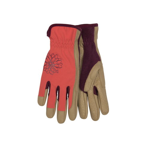 Pro Work Gloves, Synthetic Leather Palm, Red Print Spandex Back, Women's M