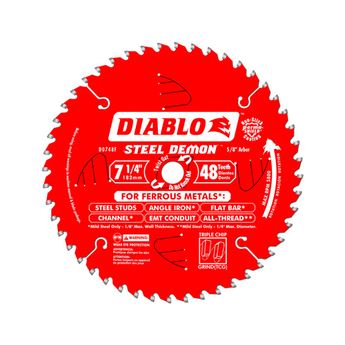 Diablo D0748CFA Steel Demon Circular Saw Blade, 7-1/4 in Dia, 5/8 in Arbor, 48-Teeth, Cermet Cutting Edge