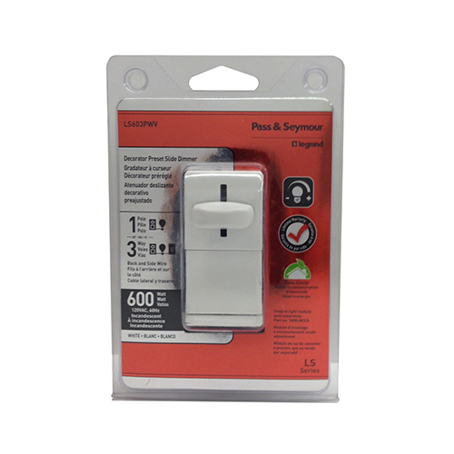 PASS & SEYMOUR LS603PWV Light Dimmer Switch, 3-Way Slide, White, 600-Watt