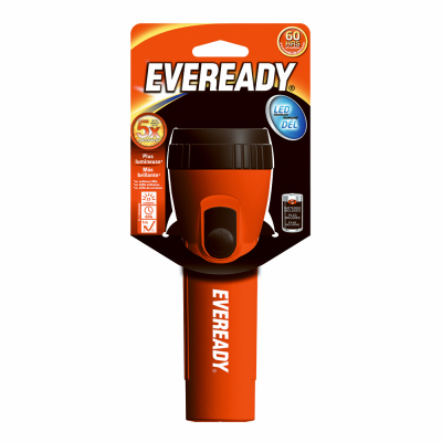 Eveready EVEL15HS Flashlight, D Battery, Carbon Zinc Battery, LED Lamp, 9 Lumens, 57 m Beam Distance, 60 hr Run Time Blue/Red