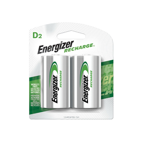 Energizer NH50BP-2 Rechargeable Battery, 1.2 V Battery, 2500 mAh, D Battery, Nickel-Metal Hydride, Green/Silver