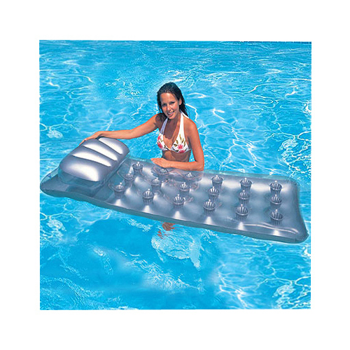 Pool Floating Lounger Silver Vinyl Inflatable 18-Pocket Suntanner Silver