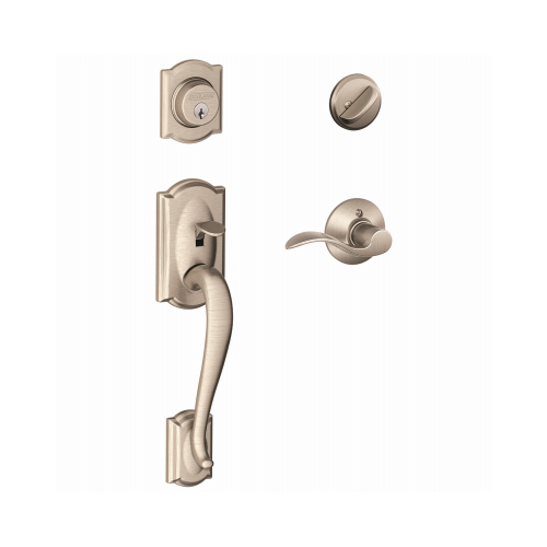 Single Cylinder Handleset and Knob Camelot / Accent Satin Nickel Right or Left Handed Satin Nickel