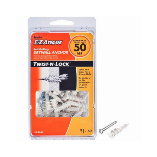 E-Z Ancor 25350 Twist-N-Lock 50 lbs. Philips Flat-Head Medium Duty Self-Drilling Drywall Anchors - pack of 50