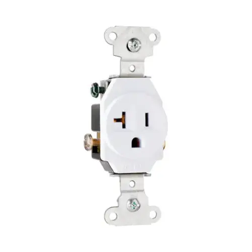 PASS & SEYMOUR 5351WCC8 Heavy-Duty Single Receptacle, 2 -Pole, 125 VAC, 20 A, Side Wiring, NEMA: NEMA 5-20R, White