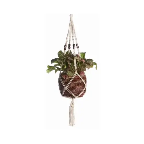 Plant Hanger White Cotton 42" H Brown Beaded White