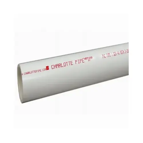 Charlotte Pipe PVC 07600 0600 Dual Rated Pipe Schedule 40 PVC 6" D X 10 ft. L Plain End 180 psi White