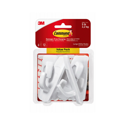 Large Hook, 5 lb, 1-Hook, Plastic, White - pack of 6