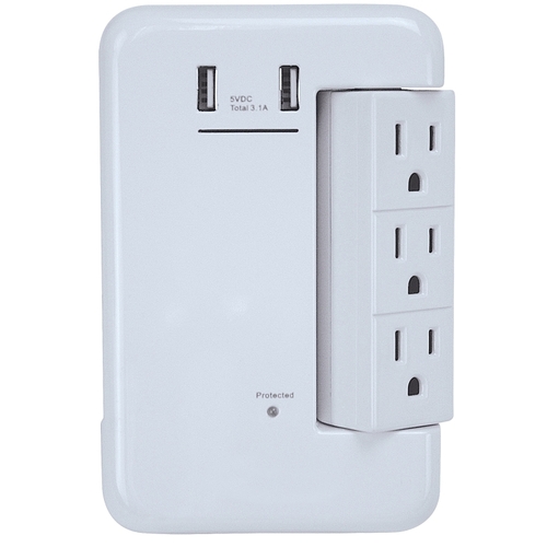 USB Charger with Surge Protection, 2 -Pole, 3.4 A, White