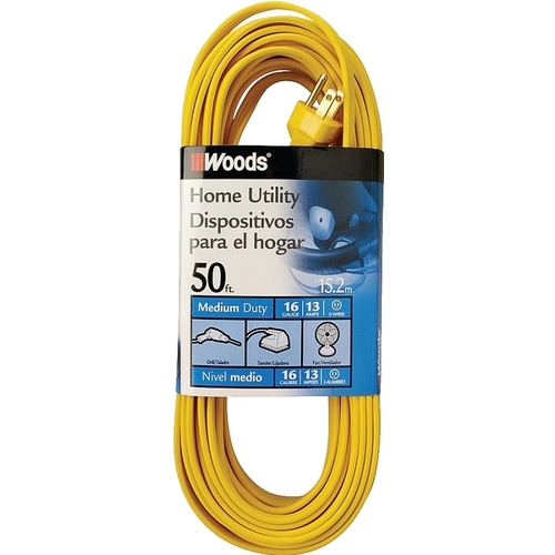 Extension Cord, 16 AWG Cable, 50 ft L, 10 A, 125 V, Yellow