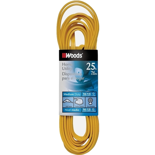 Extension Cord, 16 AWG Cable, 25 ft L, 10 A, 125 V, Yellow