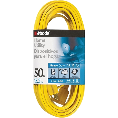 Woods 0835 Extension Cord, 14 AWG Cable, 50 ft L, 15 A, 125 V, Yellow