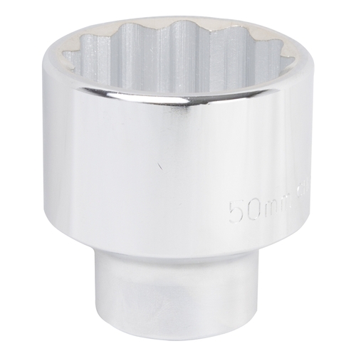 Drive Socket, 50 mm Socket, 3/4 in Drive, 12-Point, Chrome Vanadium Steel, Chrome Silver