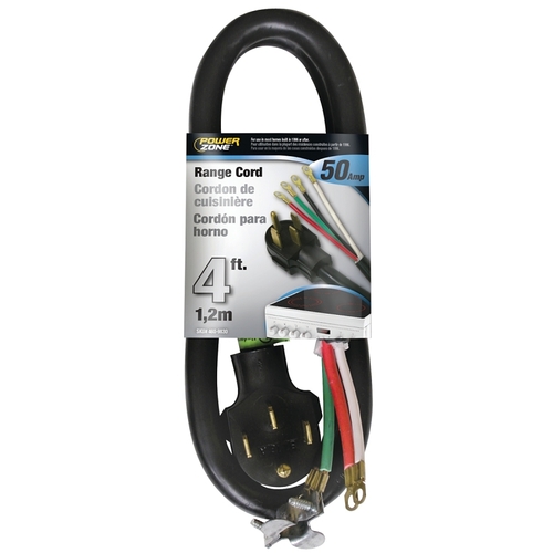 Power Supply Range Cord, 6 8 AWG Cable, 4 ft L, 50 A, 250 V, Black