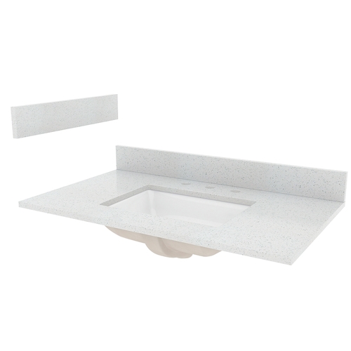 Vanity Top, 37 in OAL, 22 in OAW, Stone/Vitreous China, Silver Crystal White, Undermount Sink